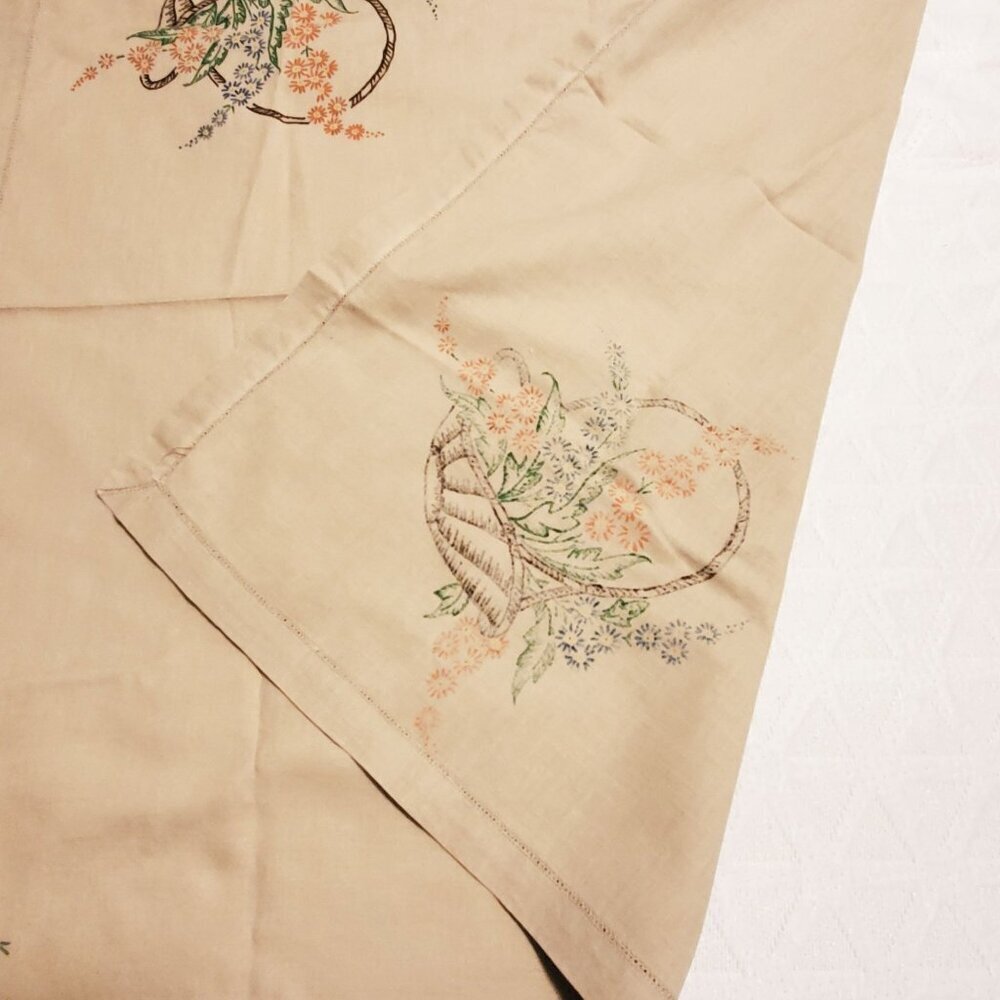 VTG Painted Beige Tablecloth With Floral Basket Design 32" X 32" Square Cotton - Picture 6 of 9